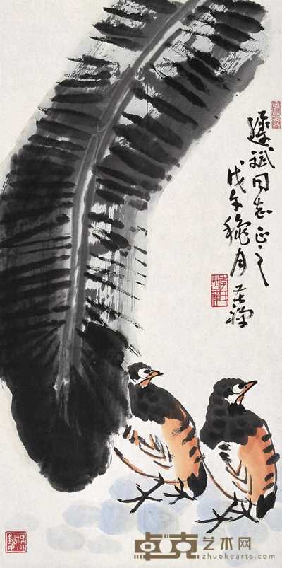 李苦禅 1978年作 蕉荫双鹌 镜心 68×34cm